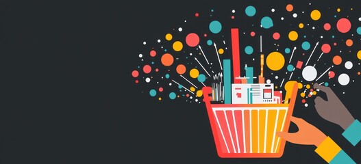 Aufkleber - Hands holding shopping cart filled with colorful elements and data.