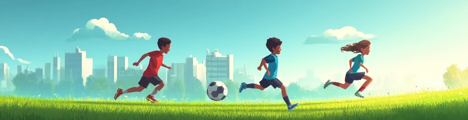 Poster - Children play soccer in a field.
