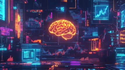 Fototapete - Glowing brain with data streams and futuristic interfaces.