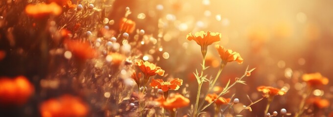 Aufkleber - Golden flowers bloom softly in warm, blurred, bright sunlight.