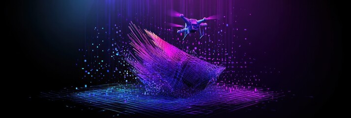 Poster - Drone over abstract, glowing data stream.