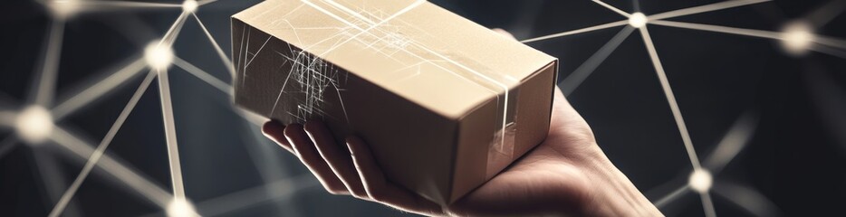 Poster - Hand holding brown package, network background.