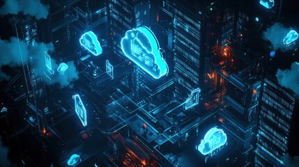 Poster - Neon cloud icons floating over a dark, tech city grid.