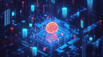 Aufkleber - Futuristic digital circuit board with central orange sphere.