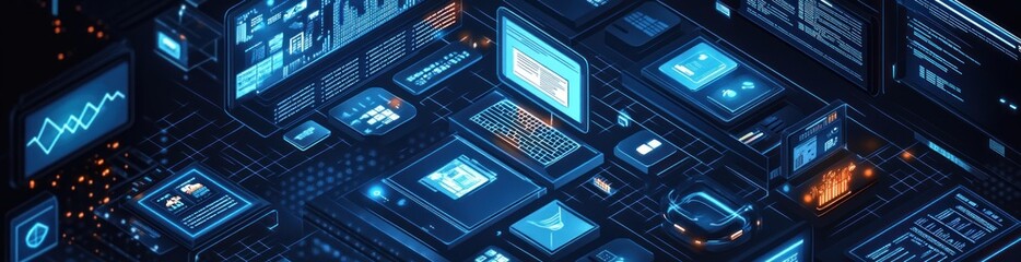 Aufkleber - Blue futuristic interface with data, charts, icons, and glowing elements.