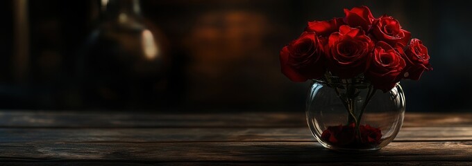 Poster - Red roses bouquet in glass vase on wood table, dark background.