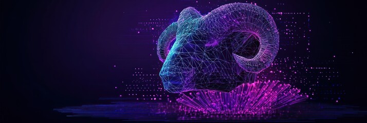 Aufkleber - Digital ram head with light particles on dark background.