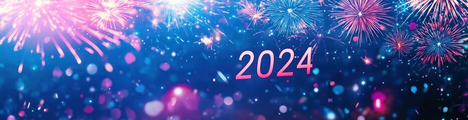 Poster - 2024 new year fireworks celebration with bokeh effects, deep blue background.