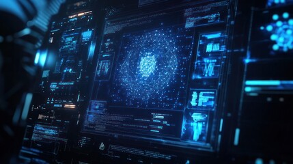 Aufkleber - Futuristic screen displaying data, graphs, and network visualizations.
