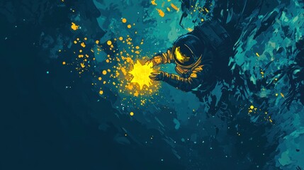Poster - Astronaut holding glowing star in dark space, textured.
