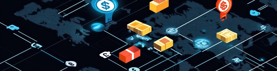 Poster - Isometric world map with finance and shipping icons and packages.