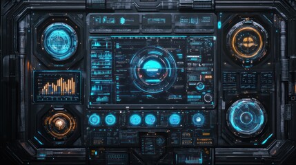 Poster - Futuristic digital panel with glowing buttons and graphs.