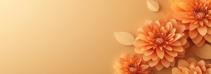 Poster - Orange paper dahlia flowers, top right corner, with leaves on soft gold background.