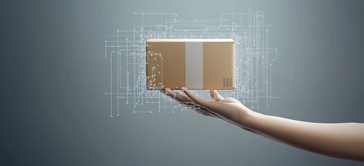 Poster - Hand holding cardboard box, circuit pattern.