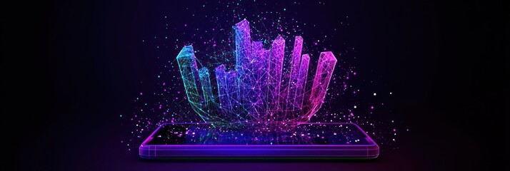 Poster - Holographic city rising from a smartphone screen, with particle effects.
