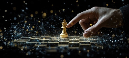 Poster - Hand moving chess king on board with light effects.