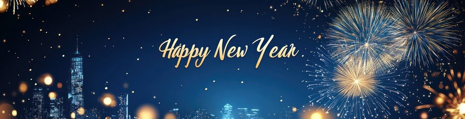 Poster - Happy New Year text, fireworks, city skyline, dark blue background with golden bokeh.