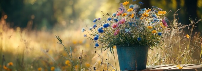 Aufkleber - Wildflowers in blue pot, summer meadow.