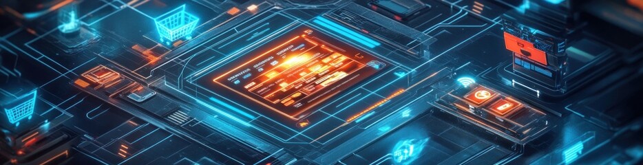 Aufkleber - Futuristic motherboard, orange core, blue circuitry.