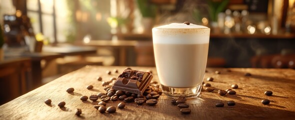Aufkleber - Frothy latte, chocolate and beans on a wooden table.