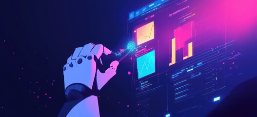 Aufkleber - Robot hand interacts with data charts, futuristic, neon glow.