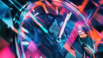 Poster - Abstract clock, blue, red, with reflective, geometric pattern.