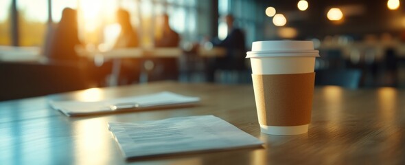 Aufkleber - Coffee cup on table with documents, people blurred in background.