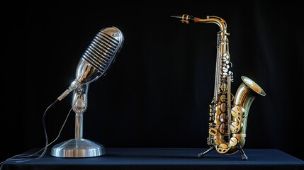 Aufkleber - Retro mic and saxophone against dark background.