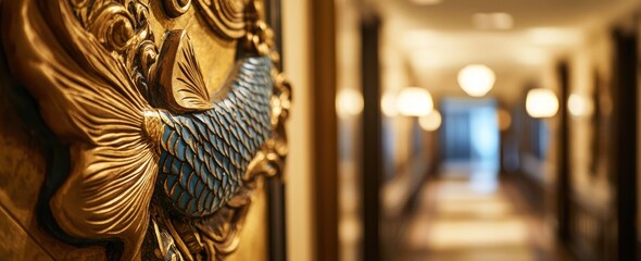 Poster - Golden fish carving, blurred corridor background.