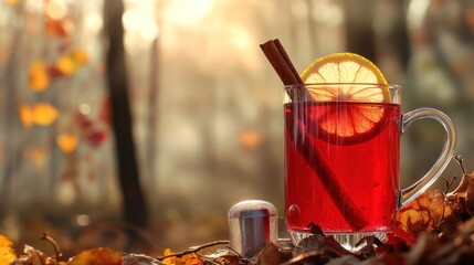 Poster - Autumn spiced drink in forest.