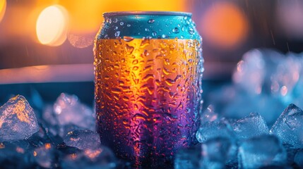 Poster - Icy drink can with water droplets sits on ice.