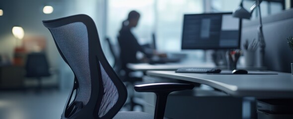 Poster - Office setting with empty chair and blurred worker background.