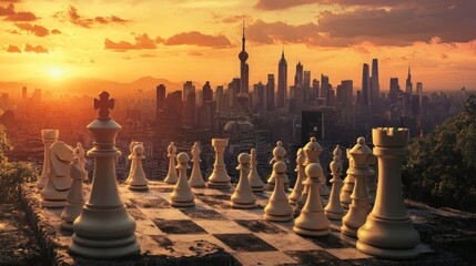 Poster - Chessboard with skyline at sunset.