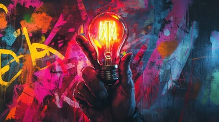 Aufkleber - Glowing bulb held against graffiti wall.