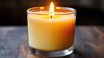 Poster - Lit candle in glass on wooden surface.
