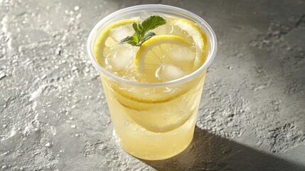 Poster - Lemonade with ice, mint in plastic cup.