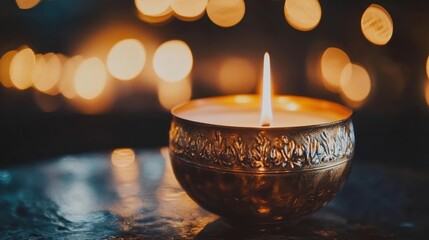 Poster - Glowing candle in golden bowl, bokeh lights.