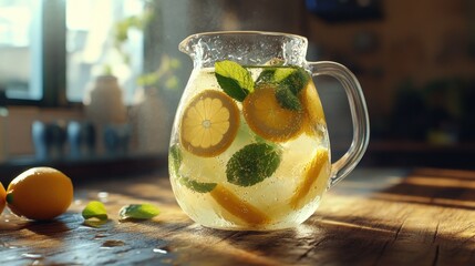 Poster - Refreshing lemonade in a glass pitcher with lemon and mint.