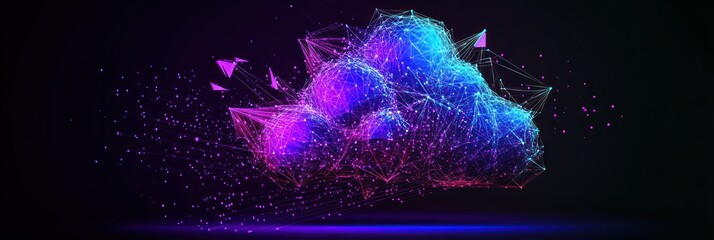Poster - Digital cloud network with glowing neon purple and blue nodes and lines.