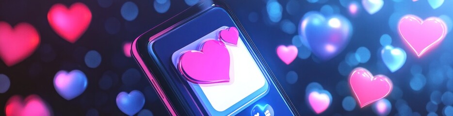 Poster - Smartphone with hearts floating in background, pink and blue.