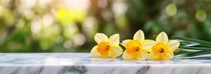 Aufkleber - Three yellow daffodils lie on marble table.