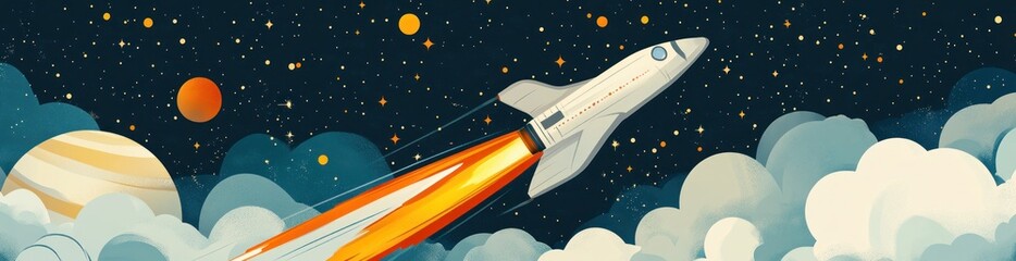 Poster - Rocket flying from clouds into space with planets.