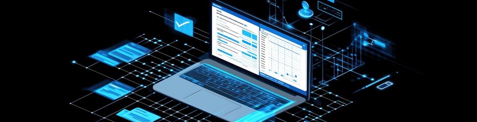 Aufkleber - Laptop with glowing network lines and screen with graph against dark background.