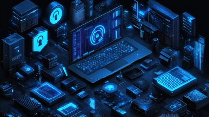 Leinwandbilder - Blue glowing tech array with laptop and security icons.