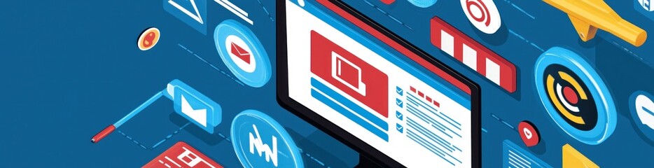 Aufkleber - Isometric digital marketing and data analysis with icons and monitor.