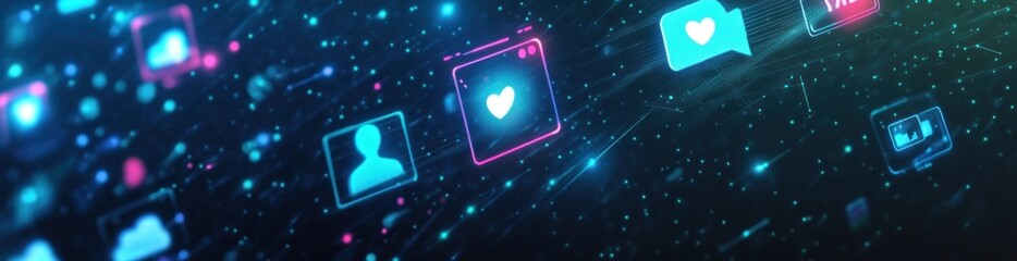 Poster - Glowing digital social media icons on a dark background with particles.
