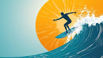 Wall Mural - Silhouette surfer riding wave before large sun.