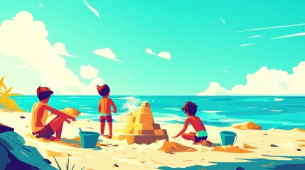 Poster - Three kids building sandcastle at beach on a sunny day.