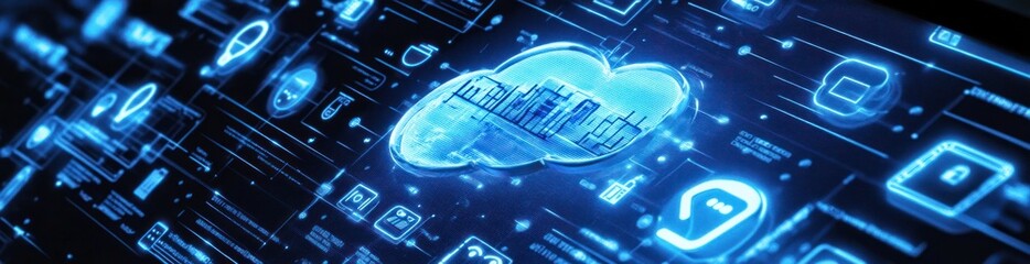 Aufkleber - Abstract digital cloud and tech icons glowing blue.