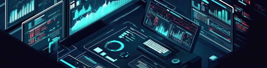 Leinwandbilder - Isometric futuristic data analysis dashboard with graphs, screens, and keyboard.
